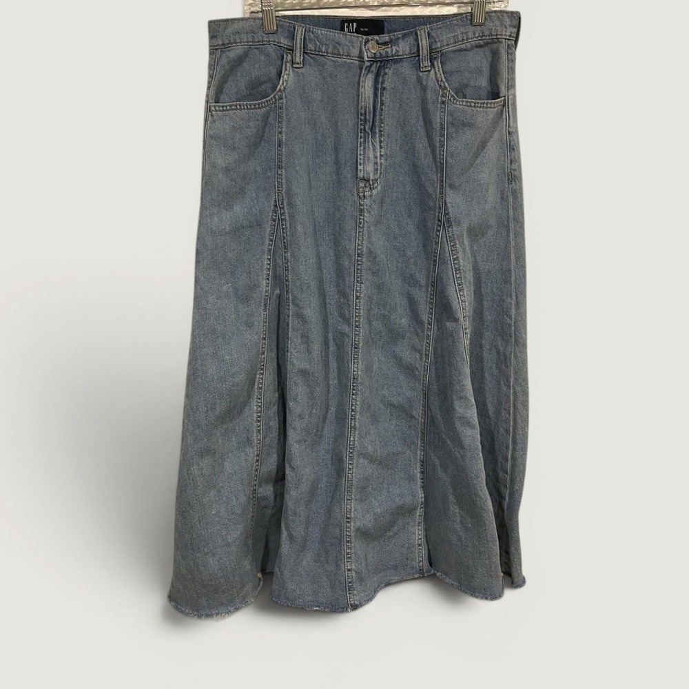Gap Skirt Womens 10 Blue Denim A Line Midi Raw Hem Pockets Casual High Waist